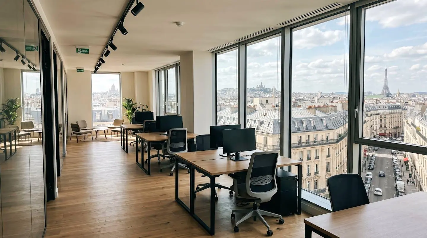 Intérieur d'un espace de coworking moderne et lumineux avec grandes baies vitrées donnant sur une ville française, mobilier contemporain épuré et lignes architecturales nettes