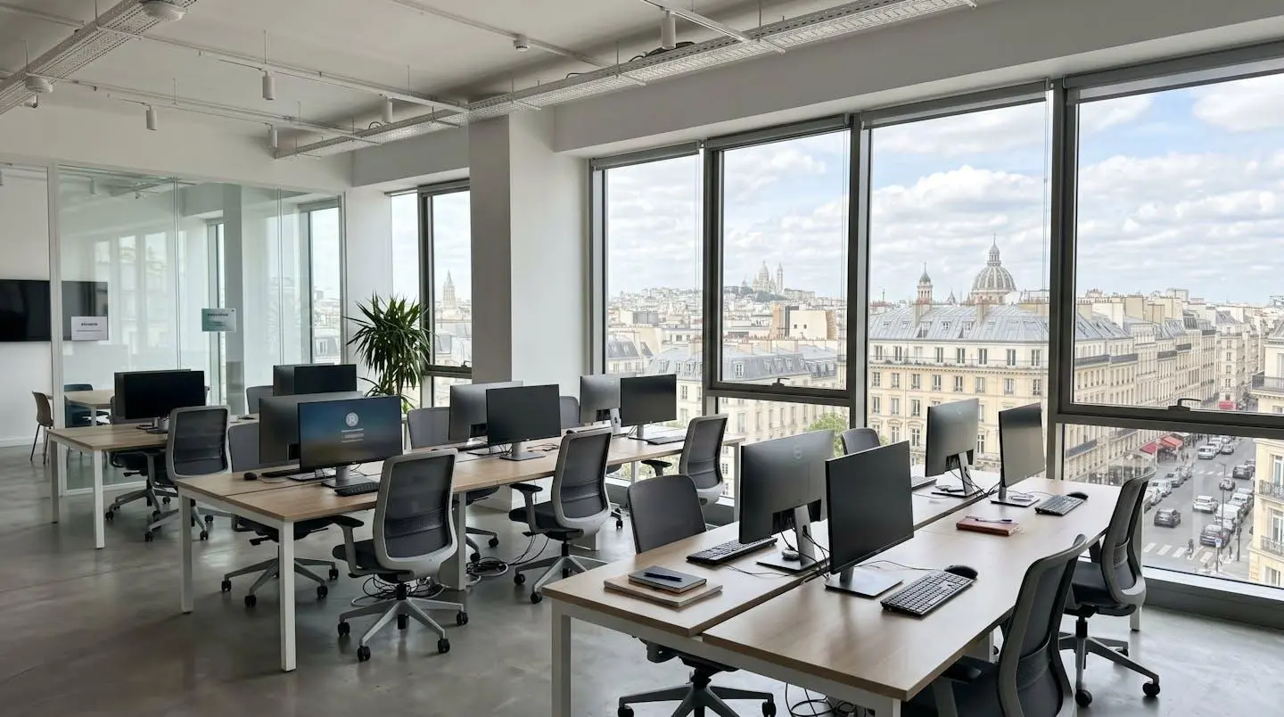 Intérieur d'un espace de coworking moderne et lumineux avec grandes baies vitrées donnant sur une ville française, mobilier contemporain épuré et lignes architecturales nettes