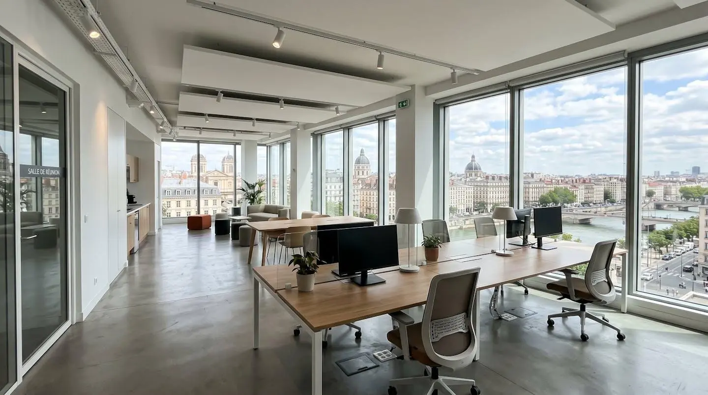 Intérieur d'un espace de coworking moderne et lumineux avec grandes baies vitrées donnant sur une ville française, mobilier contemporain épuré et lignes architecturales nettes