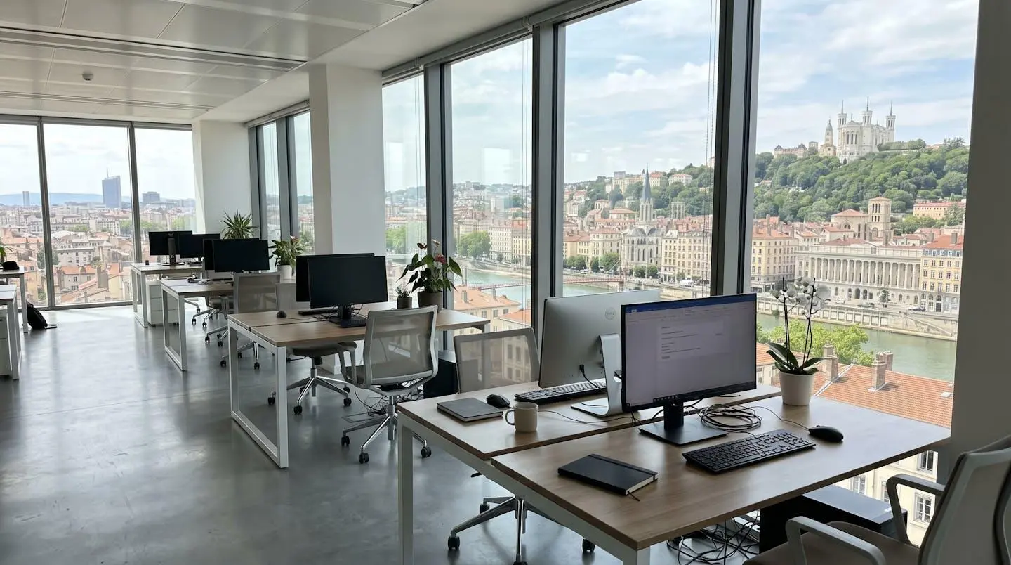 Intérieur d'un espace de coworking moderne et lumineux avec grandes baies vitrées donnant sur une ville française, mobilier contemporain épuré et lignes architecturales nettes