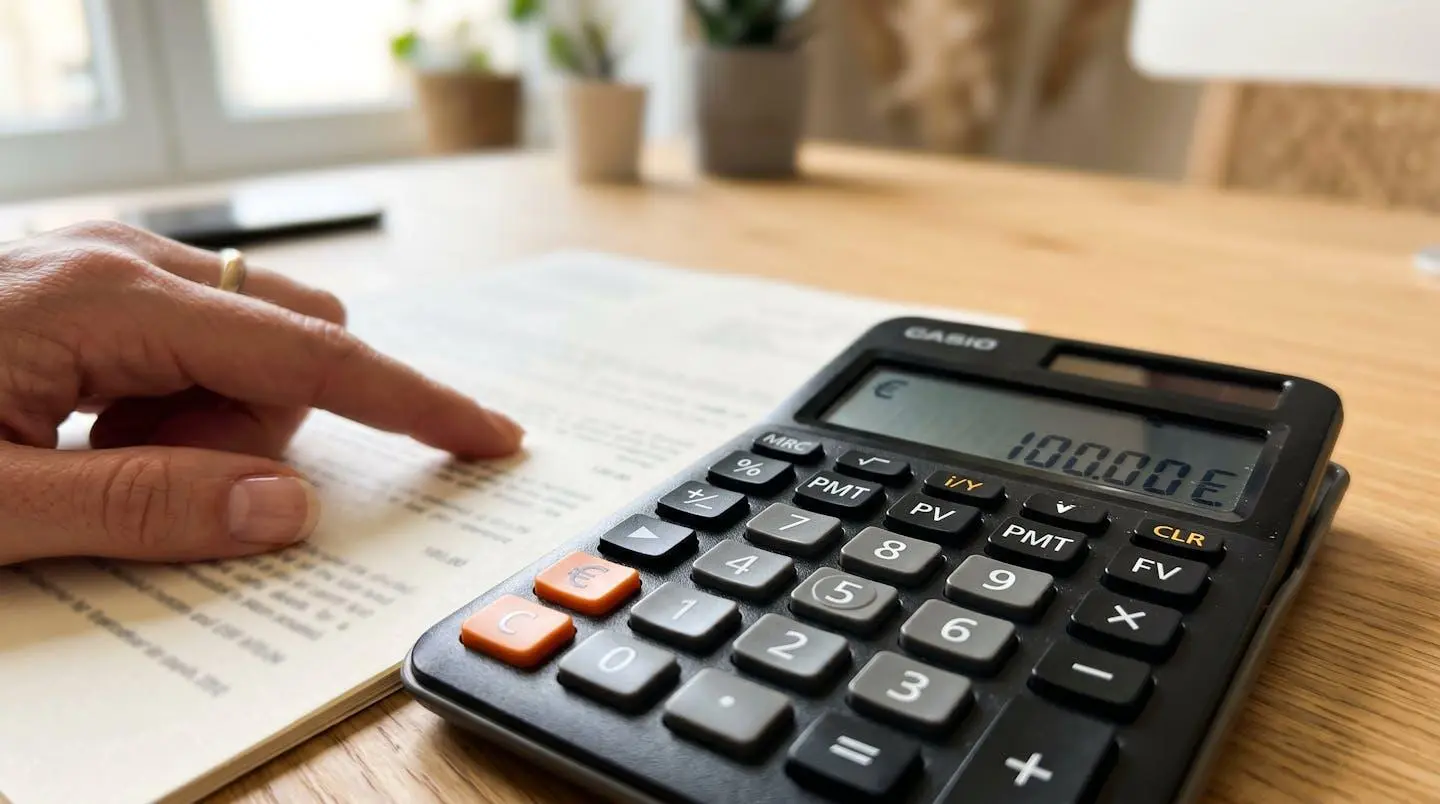 Gros plan d'une calculatrice financière avec le symbole euro visible, posée sur un bureau moderne, avec une main floue pointant vers un document dont le texte est totalement illisible