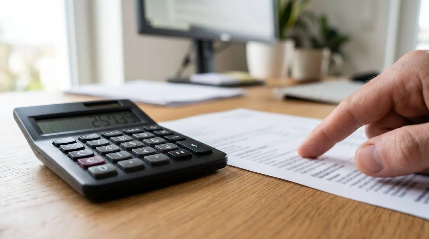 Gros plan d'une calculatrice financière avec le symbole euro visible, posée sur un bureau moderne, avec une main floue pointant vers un document dont le texte est totalement illisible