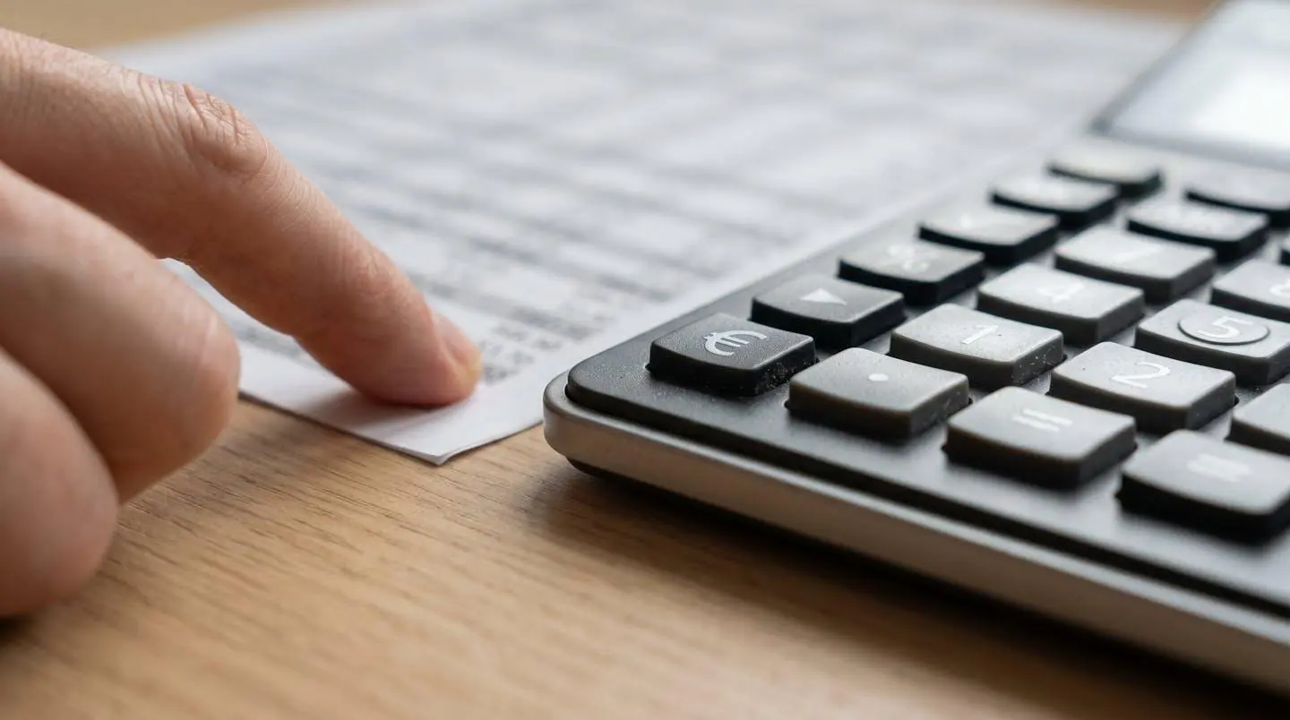 Gros plan d'une calculatrice financière avec le symbole euro visible, posée sur un bureau moderne, avec une main floue pointant vers un document dont le texte est totalement illisible