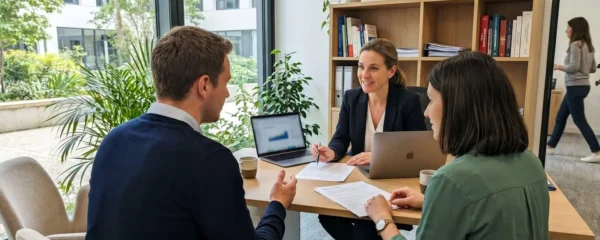 Un conseiller en courtage immobilier échange avec un couple vu de dos, assis autour d'une table de bureau lumineuse avec un ordinateur portable visible en arrière-plan
