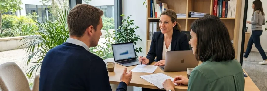 Un conseiller en courtage immobilier échange avec un couple vu de dos, assis autour d'une table de bureau lumineuse avec un ordinateur portable visible en arrière-plan