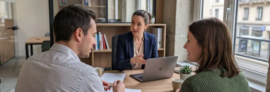 Un conseiller en courtage immobilier échange avec un couple vu de dos, assis autour d'une table de bureau lumineuse avec un ordinateur portable visible en arrière-plan