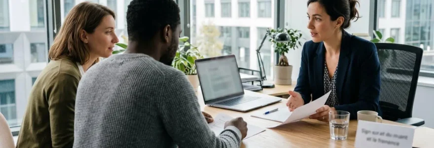 Un conseiller en courtage immobilier échange avec un couple vu de dos, assis autour d'une table de bureau lumineuse avec un ordinateur portable visible en arrière-plan