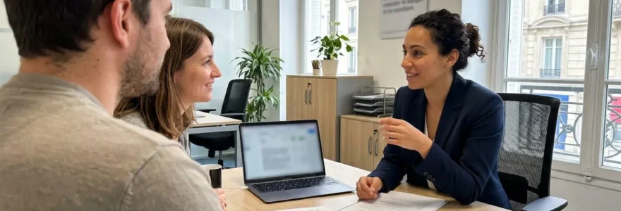 Un conseiller en courtage immobilier échange avec un couple vu de dos, assis autour d'une table de bureau lumineuse avec un ordinateur portable visible en arrière-plan