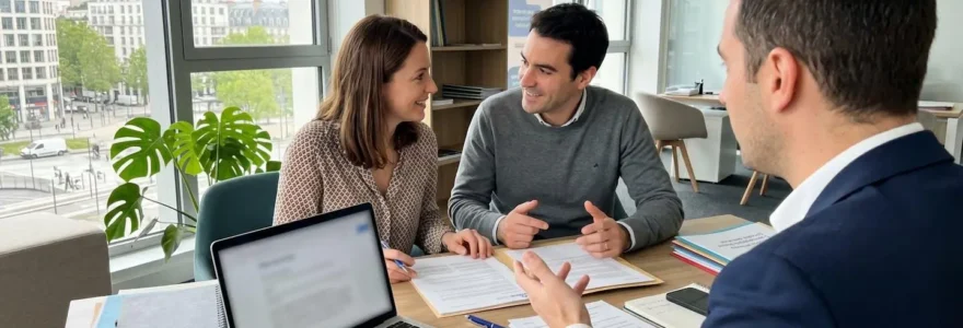 Un conseiller en courtage immobilier échange avec un couple vu de dos, assis autour d'une table de bureau lumineuse avec un ordinateur portable visible en arrière-plan